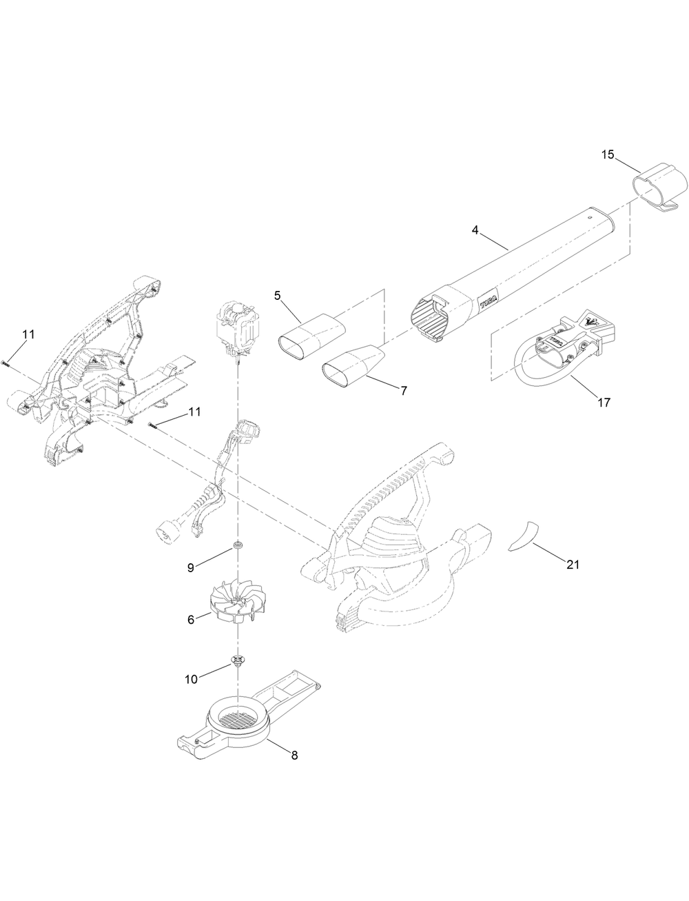 Blower Tube And Impeller Assembly Diagram and Parts List for 51621 (317024024 - 317999999)(2017) Lawn Boy Leaf Blower / Vacuum
